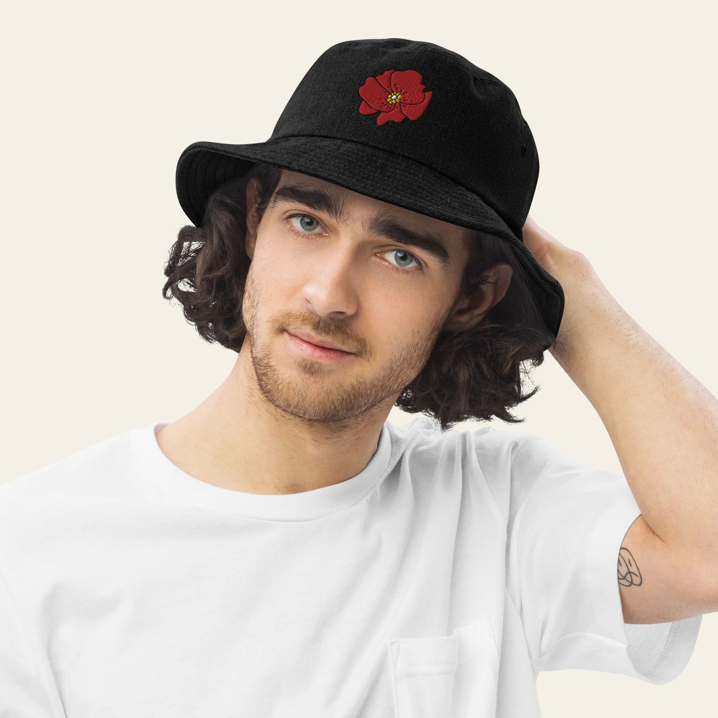 Poppy Flower denim bucket hat